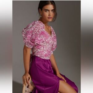 New Anthropologie Maeve Tie Back Printed Crop Top Blouse Puff Sleeves Pink M